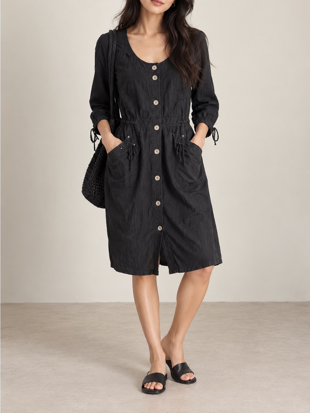 Casual Button-Front Black Dress with Pockets